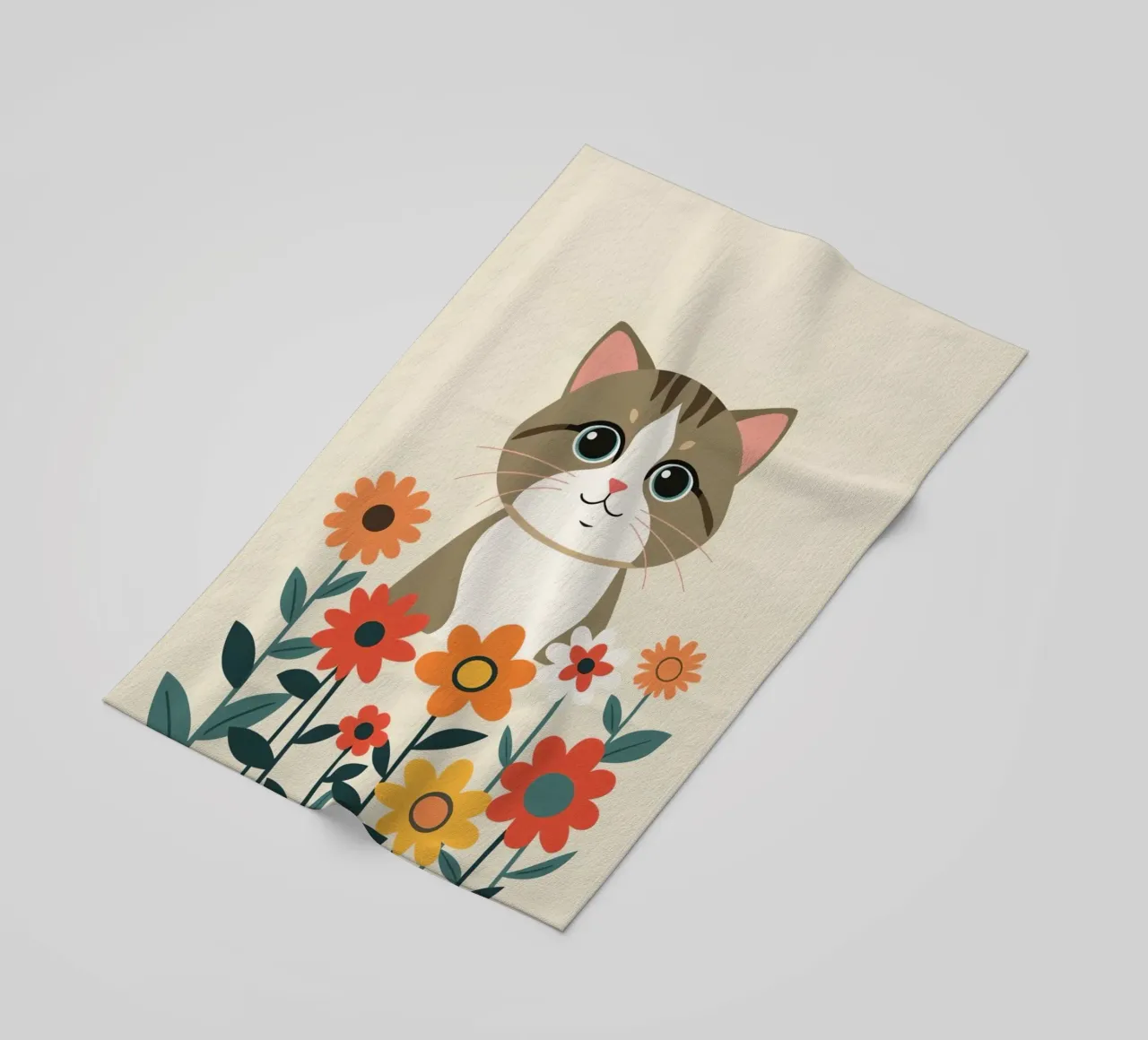 Gatto felice dei cartoni animati con fiori telo mare da DesignDoodle