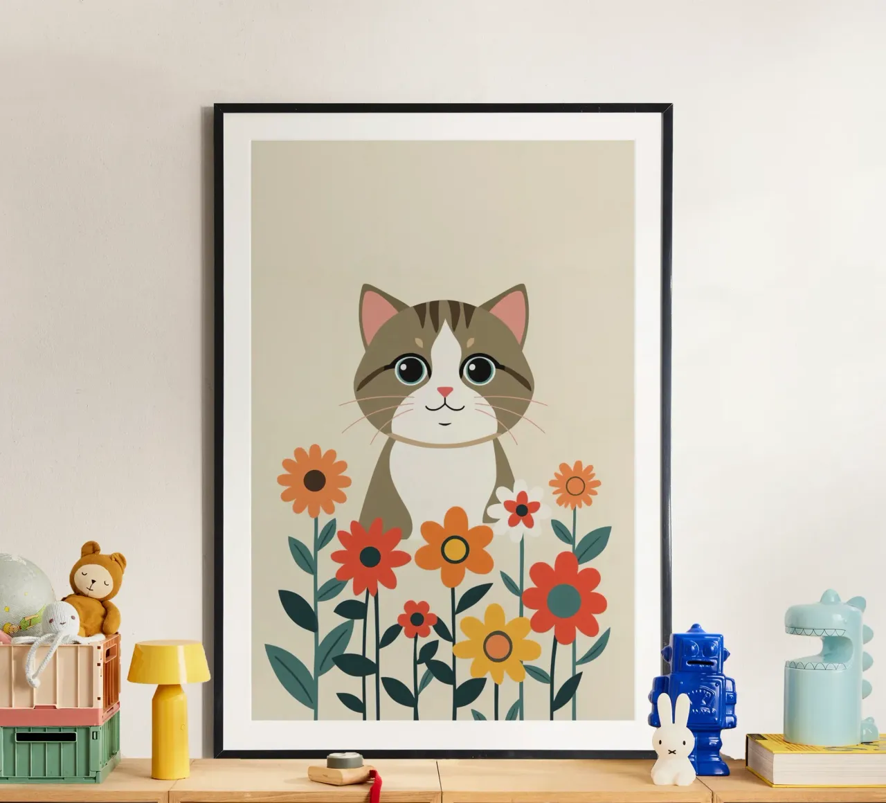 Gatto felice dei cartoni animati con fiori carta hahnemühle da DesignDoodle