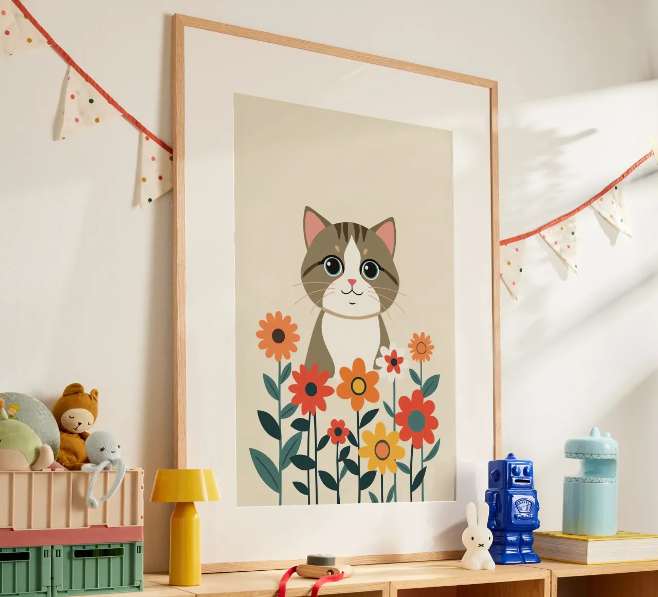 Gatto felice dei cartoni animati con fiori carta hahnemühle da DesignDoodle