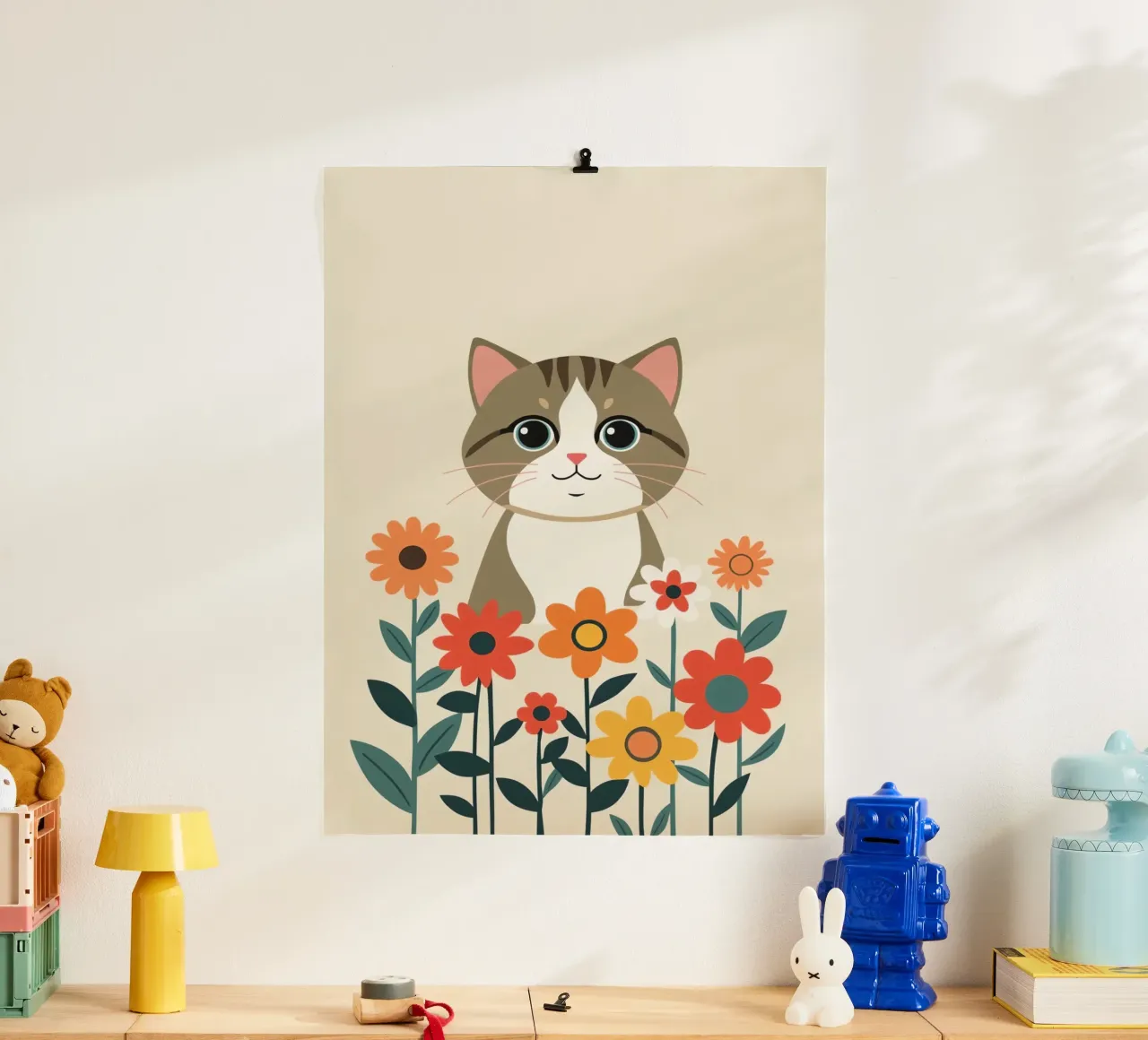 Gatto felice dei cartoni animati con fiori carta hahnemühle da DesignDoodle