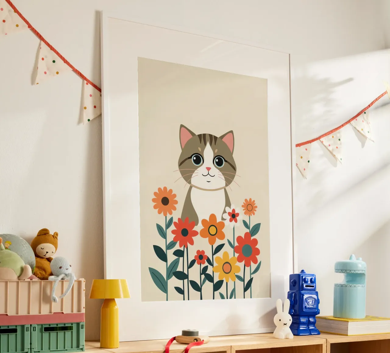Gatto felice dei cartoni animati con fiori carta hahnemühle da DesignDoodle