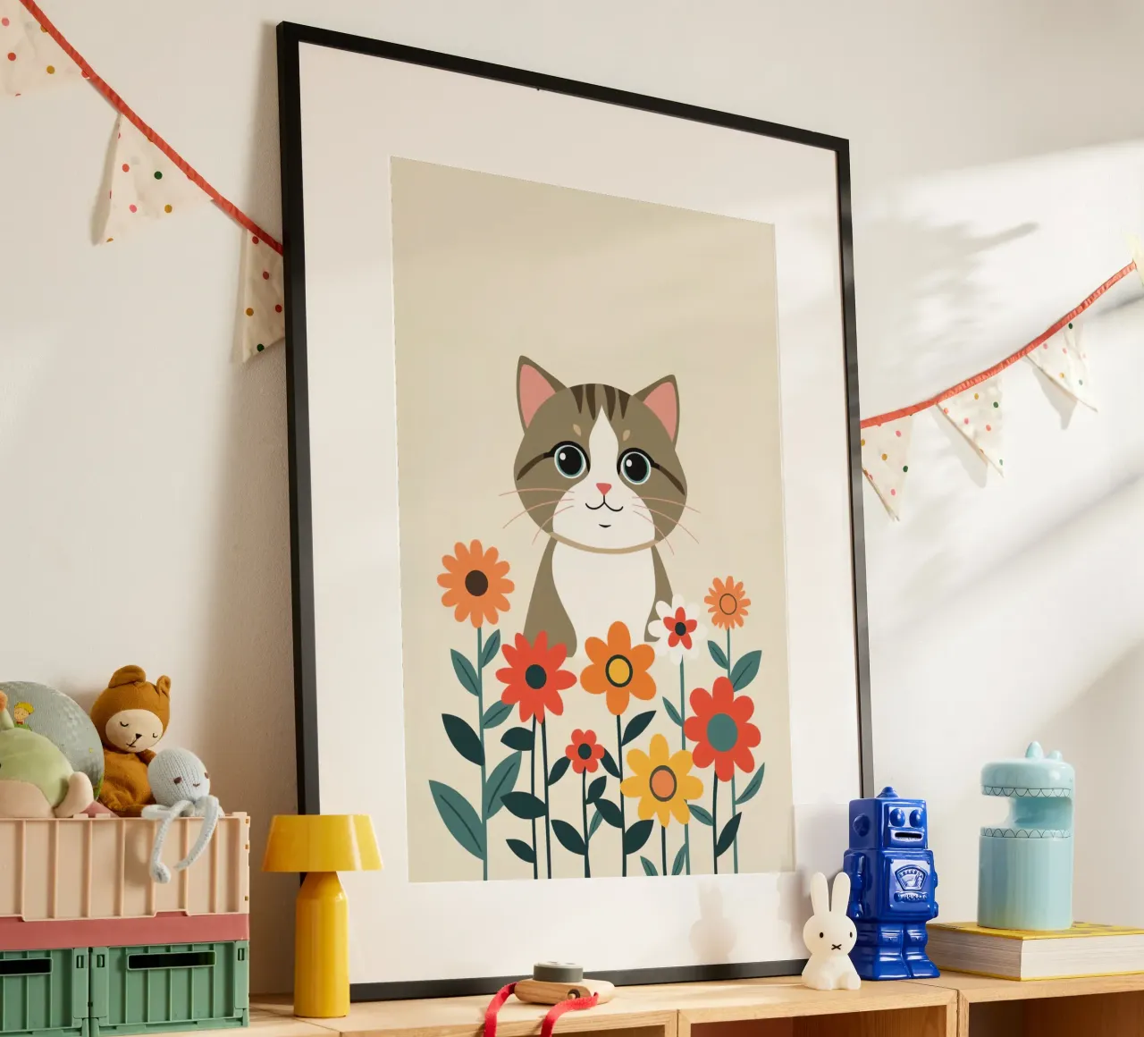 Gatto felice dei cartoni animati con fiori carta hahnemühle da DesignDoodle