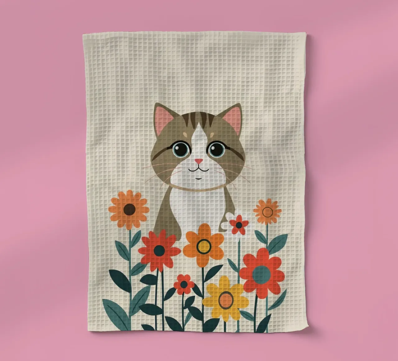 Gatto felice dei cartoni animati con fiori canovaccio da cucina da DesignDoodle
