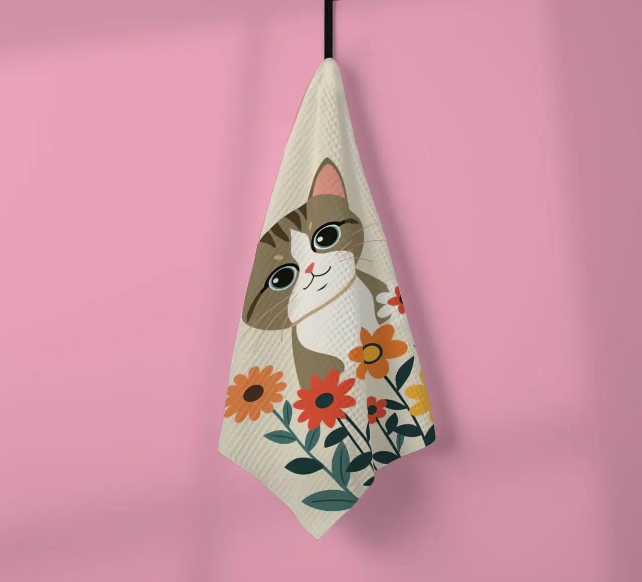 Gatto felice dei cartoni animati con fiori canovaccio da cucina da DesignDoodle