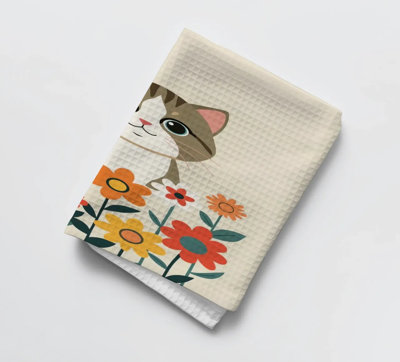 Gatto felice dei cartoni animati con fiori canovaccio da cucina da DesignDoodle