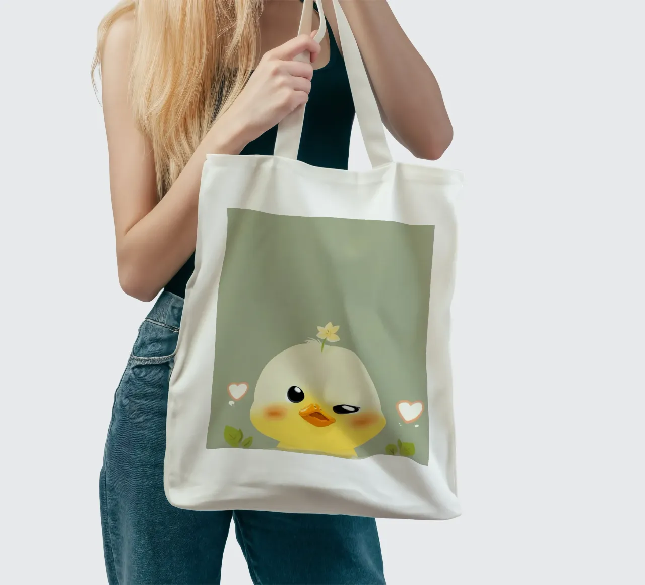 Simpatico pulcino felice con fiore borsa in juta da DesignDoodle