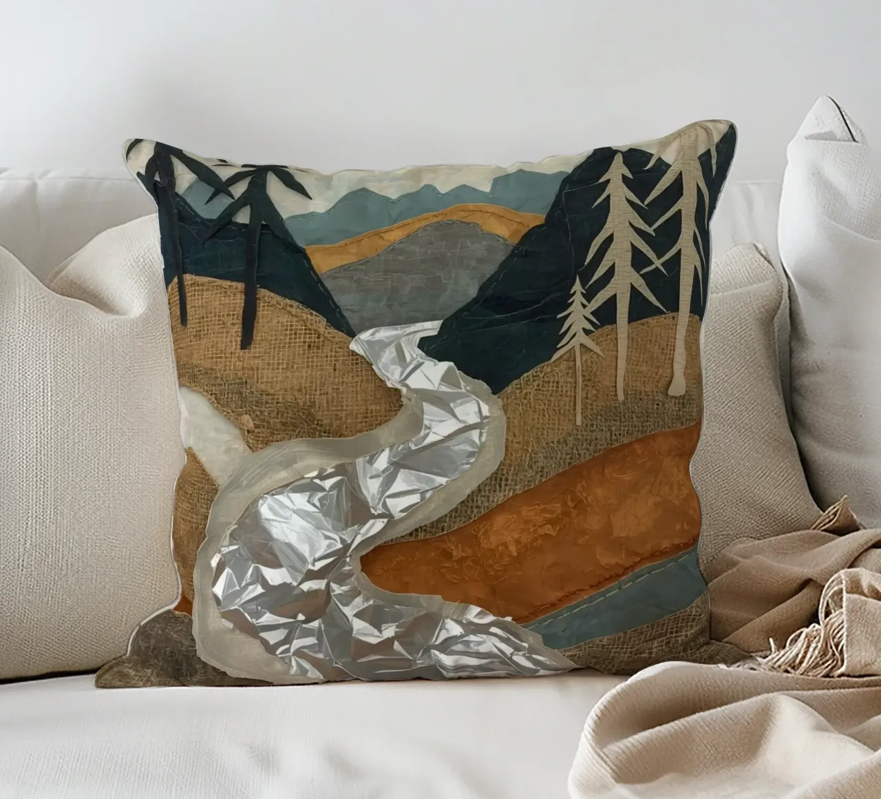 Collage Paesaggio con fiume e alberi cuscino da DesignDoodle