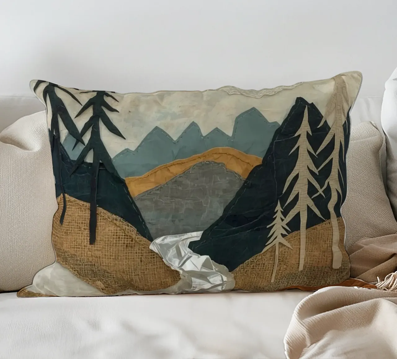 Collage Paesaggio con fiume e alberi cuscino da DesignDoodle