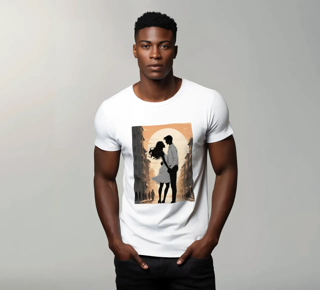 Coppia abbracciata in una strada della città al tramonto t-shirt da DesignDoodle