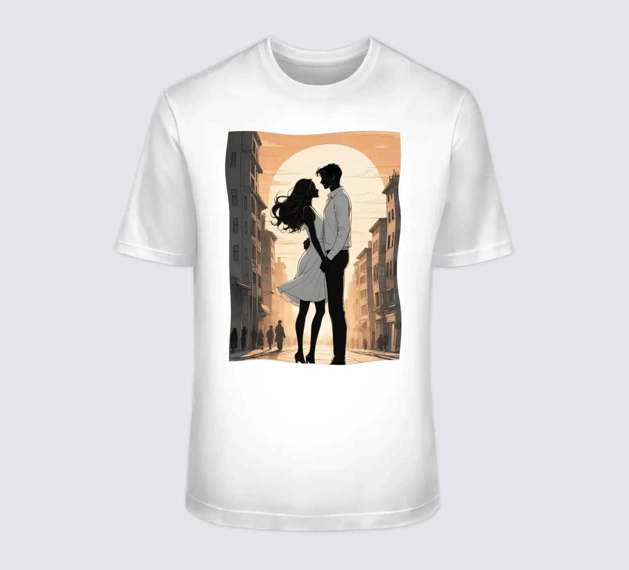 Coppia abbracciata in una strada della città al tramonto t-shirt da DesignDoodle