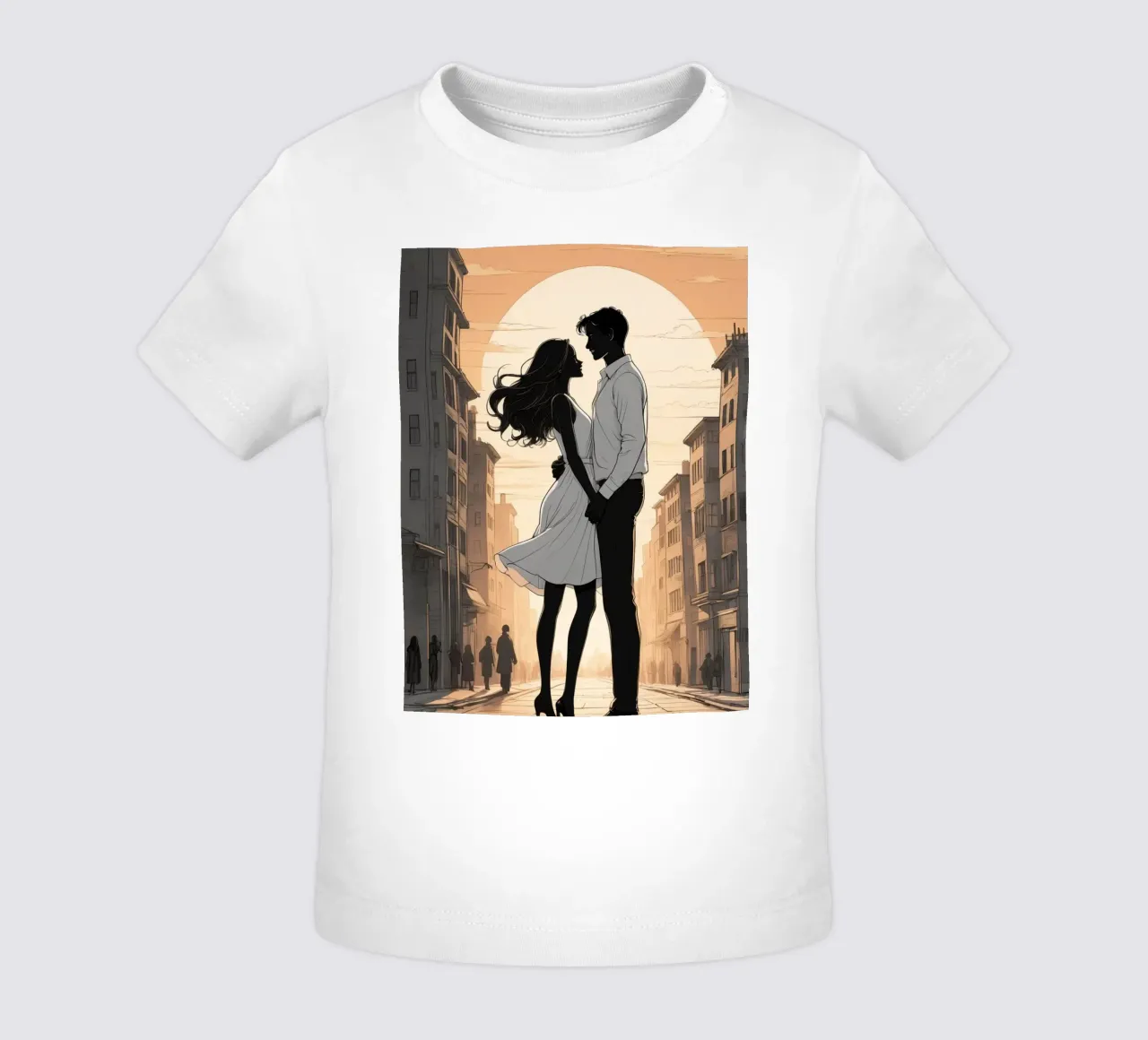 Coppia abbracciata in una strada della città al tramonto maglietta neonato da DesignDoodle