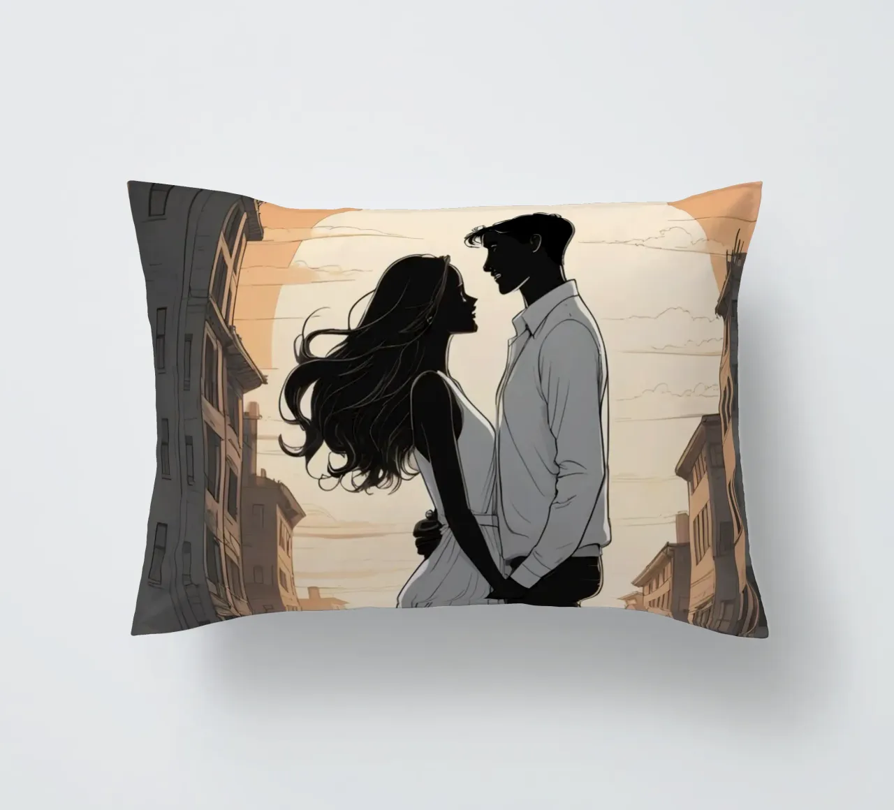 Coppia abbracciata in una strada della città al tramonto cuscino da DesignDoodle