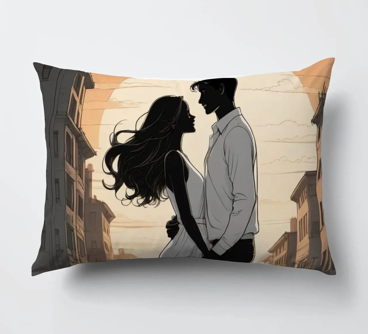 Coppia abbracciata in una strada della città al tramonto cuscino da DesignDoodle