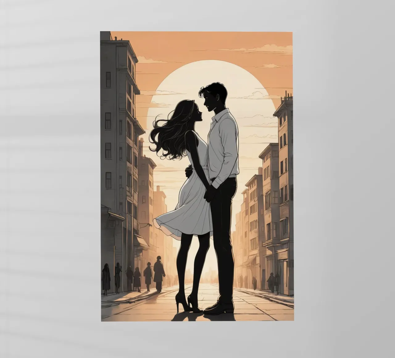 Coppia abbracciata in una strada della città al tramonto pellicola backlit da DesignDoodle