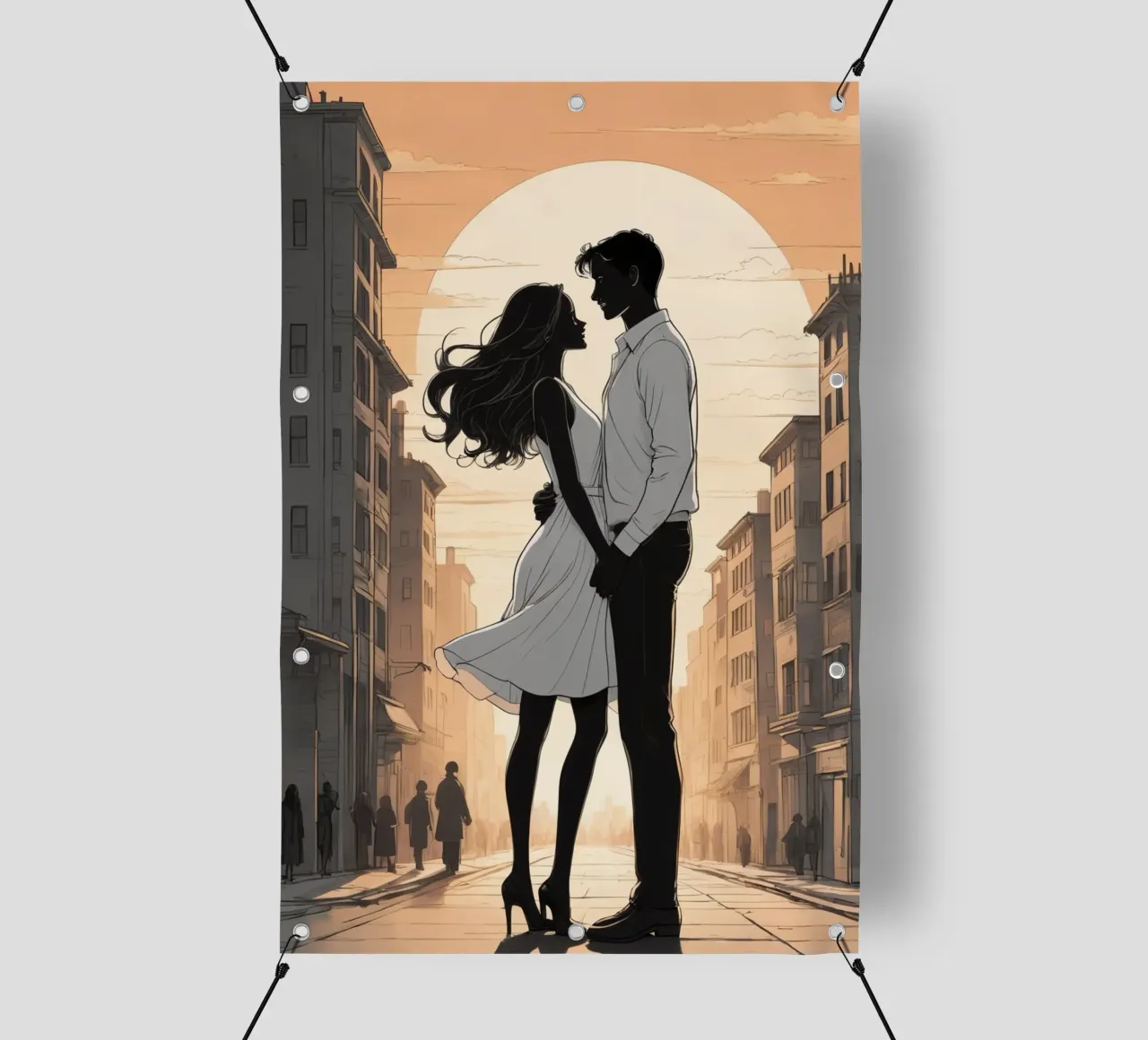 Coppia abbracciata in una strada della città al tramonto telo in pvc da DesignDoodle