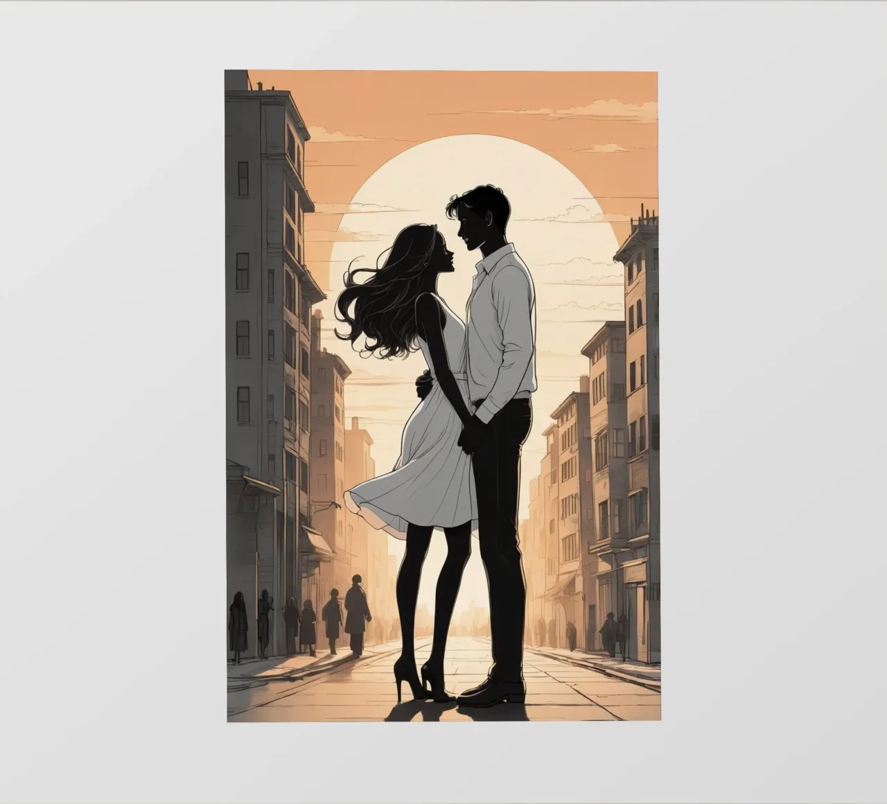 Coppia abbracciata in una strada della città al tramonto telo in pvc da DesignDoodle