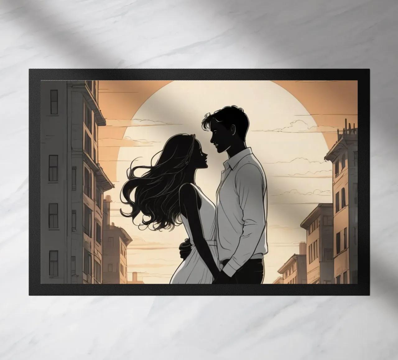 Coppia abbracciata in una strada della città al tramonto zerbino da DesignDoodle