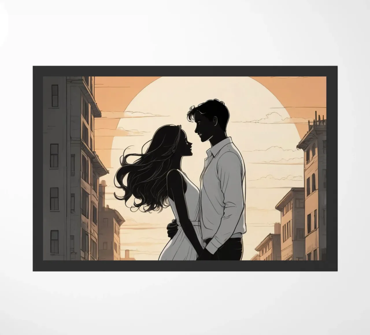 Coppia abbracciata in una strada della città al tramonto zerbino da DesignDoodle