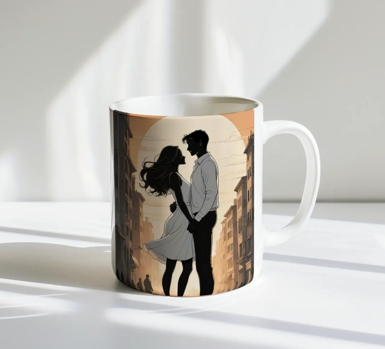 Coppia abbracciata in una strada della città al tramonto tazza in ceramica da DesignDoodle