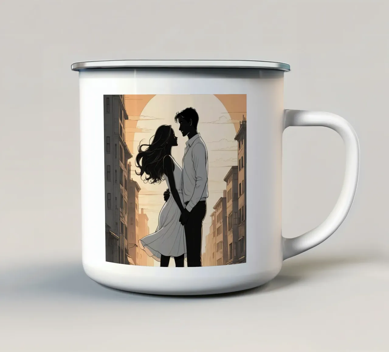 Coppia abbracciata in una strada della città al tramonto tazza in smalto da DesignDoodle