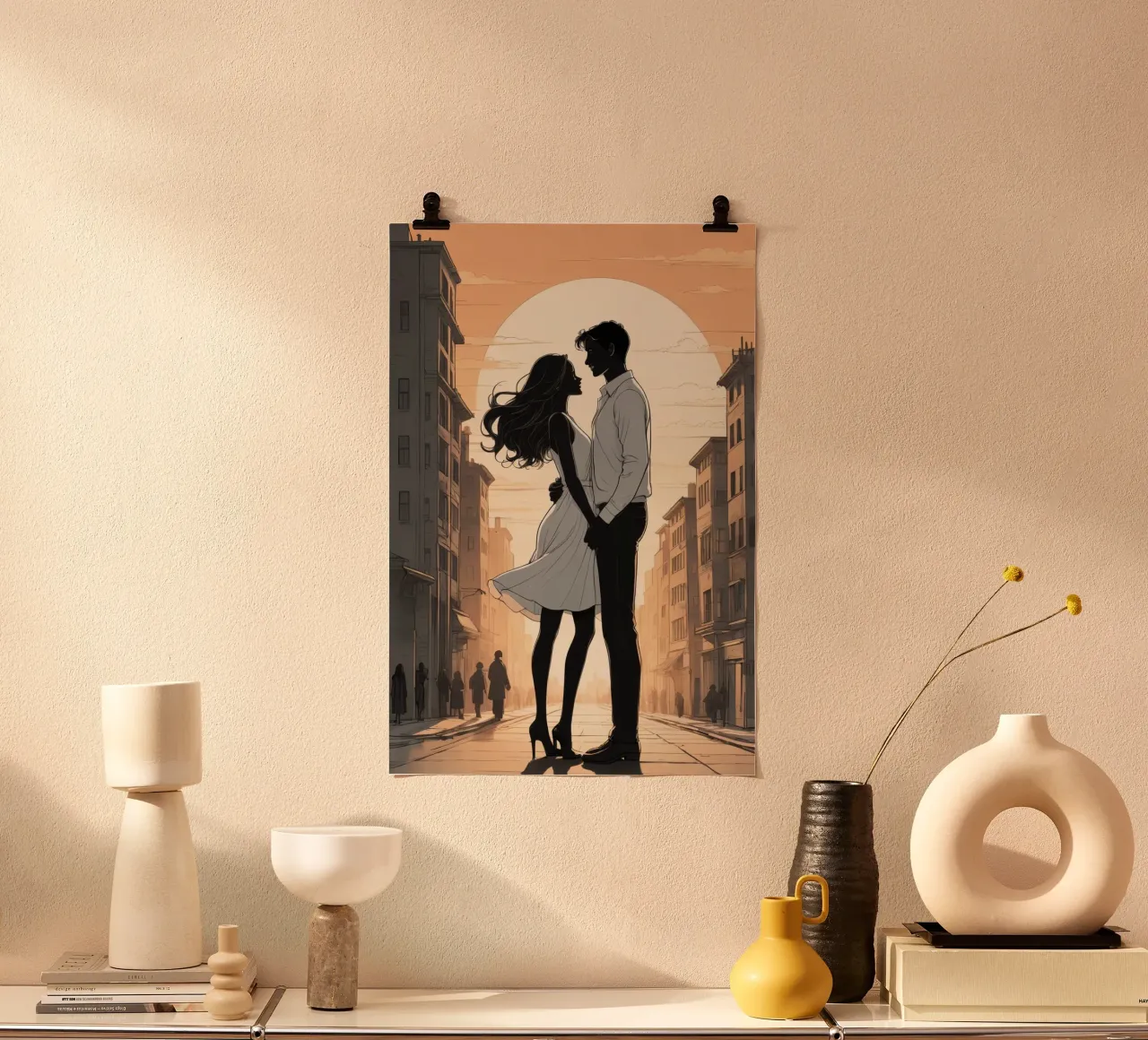 Coppia abbracciata in una strada della città al tramonto carta hahnemühle da DesignDoodle
