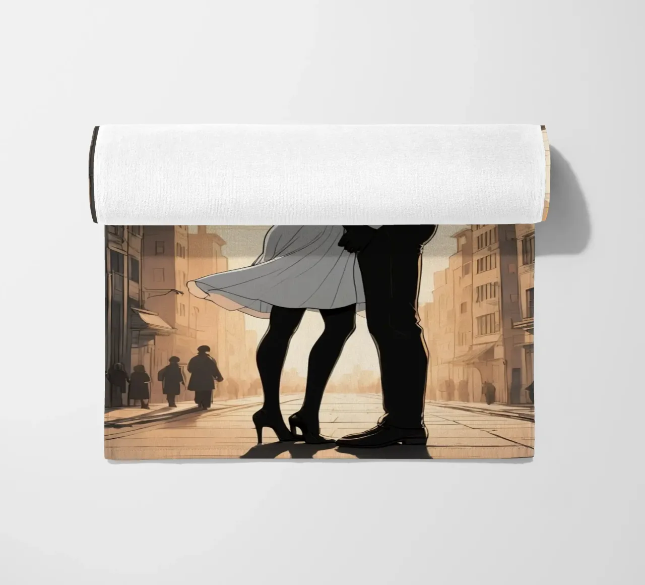 Coppia abbracciata in una strada della città al tramonto telo mare da DesignDoodle