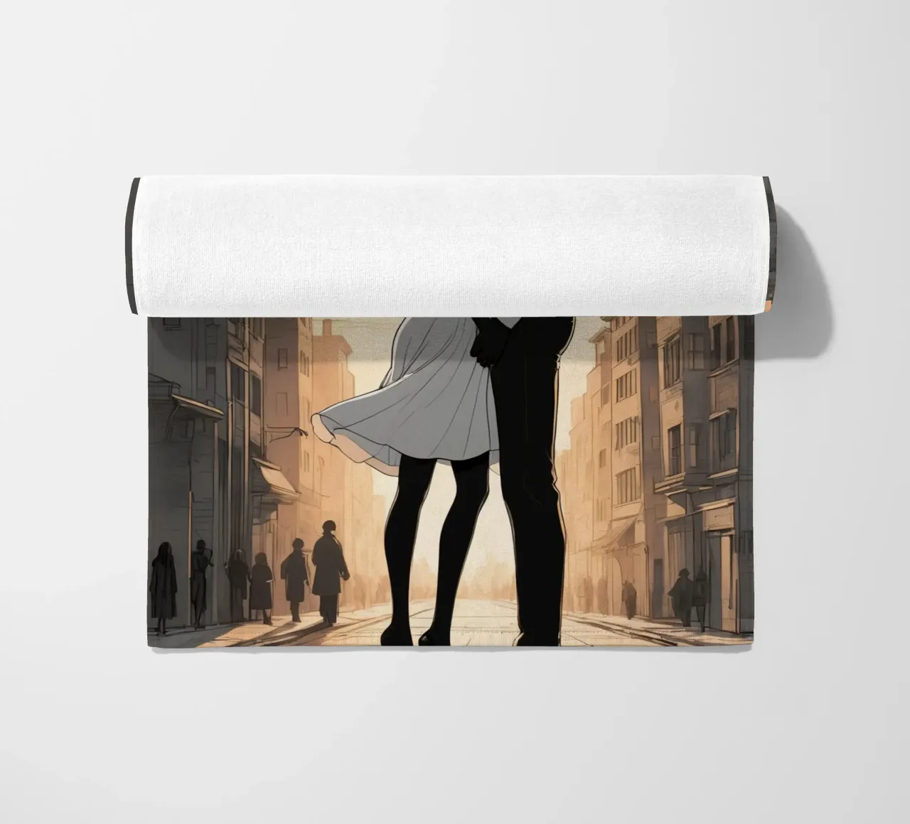 Coppia abbracciata in una strada della città al tramonto telo mare da DesignDoodle