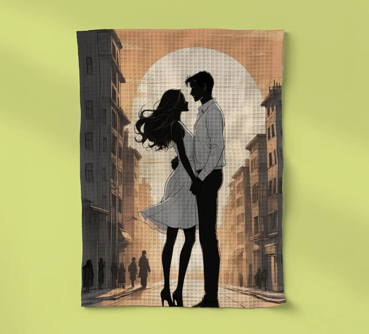 Coppia abbracciata in una strada della città al tramonto canovaccio da cucina da DesignDoodle