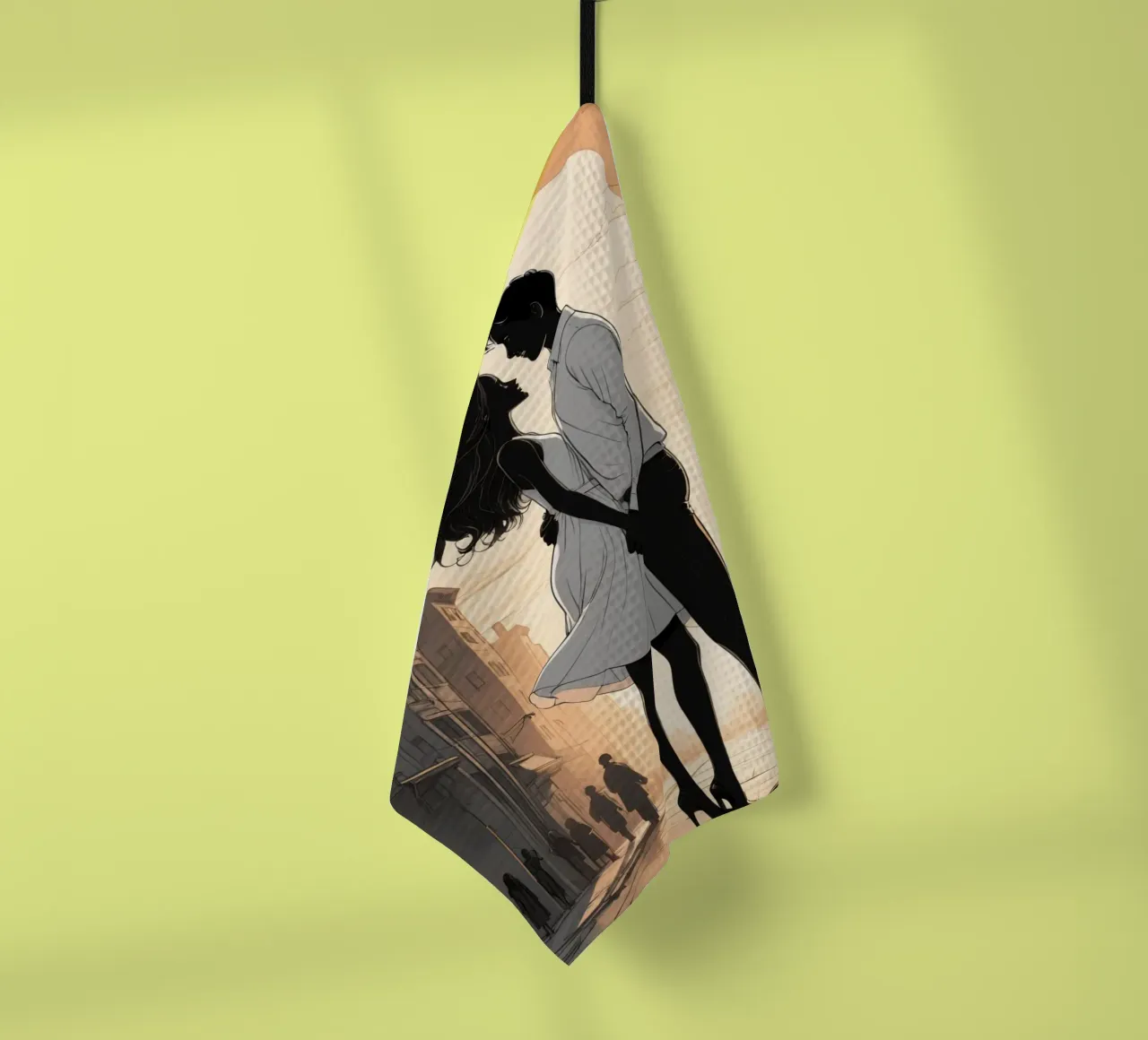 Coppia abbracciata in una strada della città al tramonto canovaccio da cucina da DesignDoodle