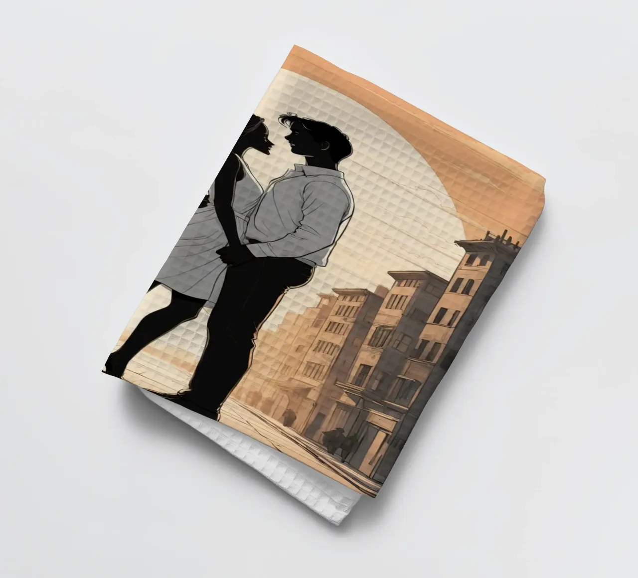 Coppia abbracciata in una strada della città al tramonto canovaccio da cucina da DesignDoodle
