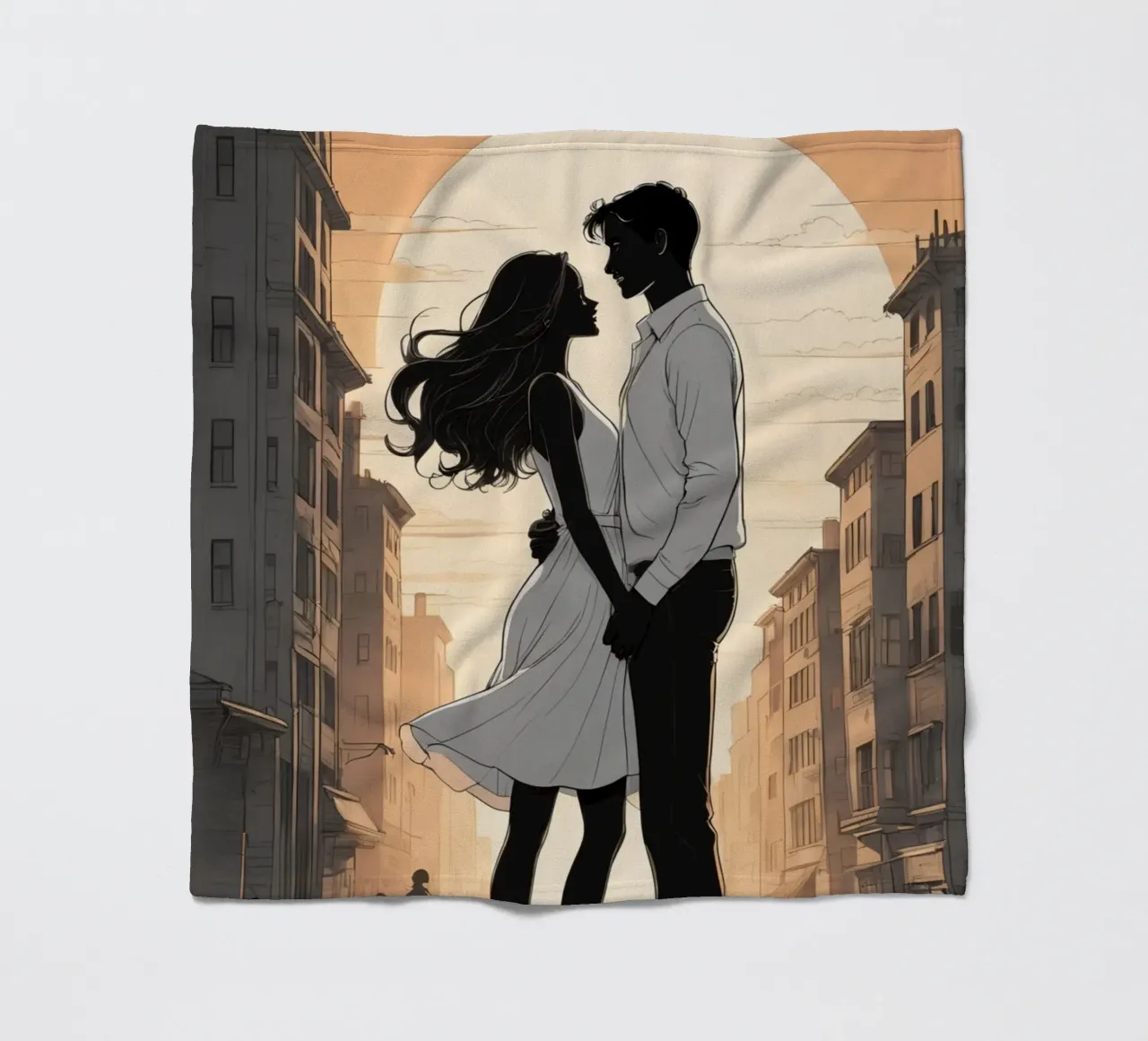 Coppia abbracciata in una strada della città al tramonto coperta in pile da DesignDoodle