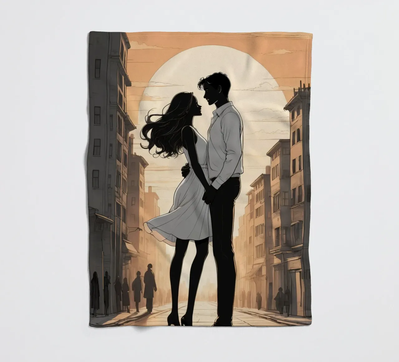 Coppia abbracciata in una strada della città al tramonto coperta in pile da DesignDoodle