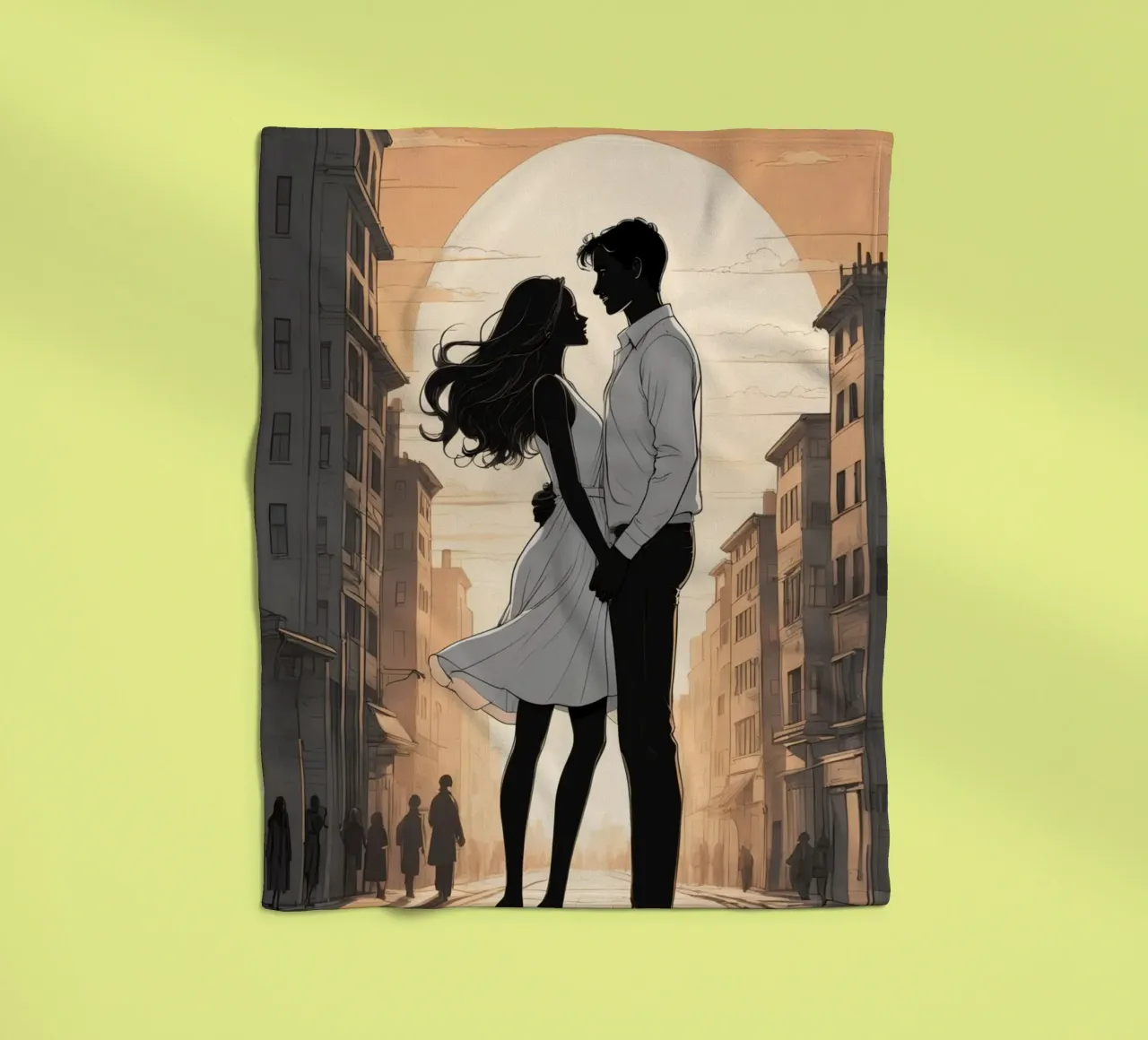 Coppia abbracciata in una strada della città al tramonto coperta in pile da DesignDoodle