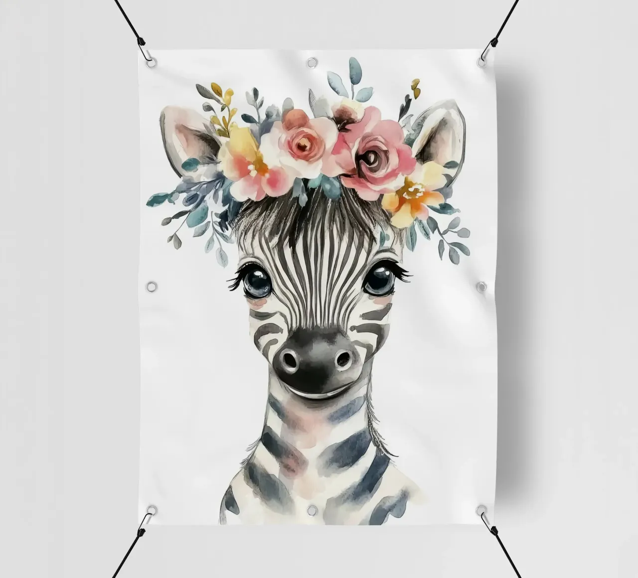 Simpatica zebra con corona floreale telo in pvc da Damion Francis