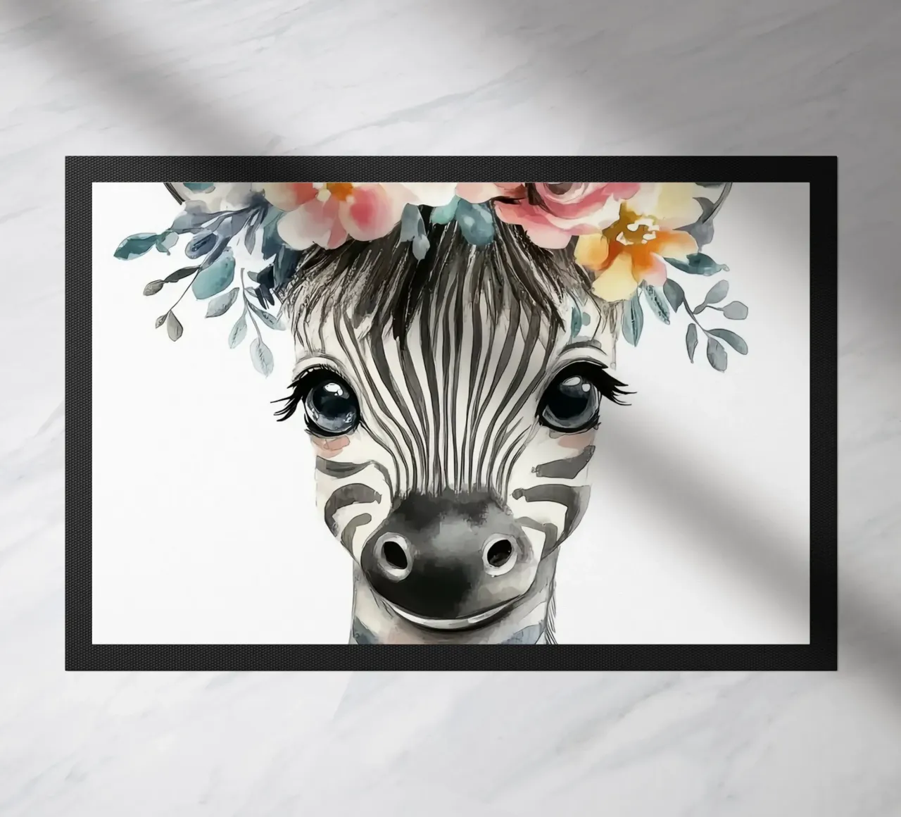 Simpatica zebra con corona floreale zerbino da Damion Francis