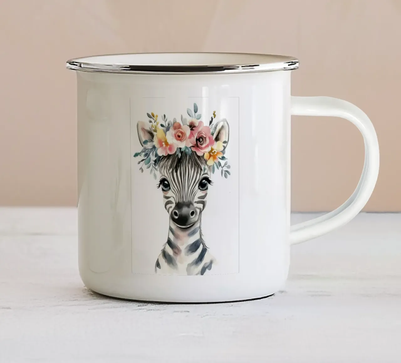Simpatica zebra con corona floreale tazza in smalto da Damion Francis