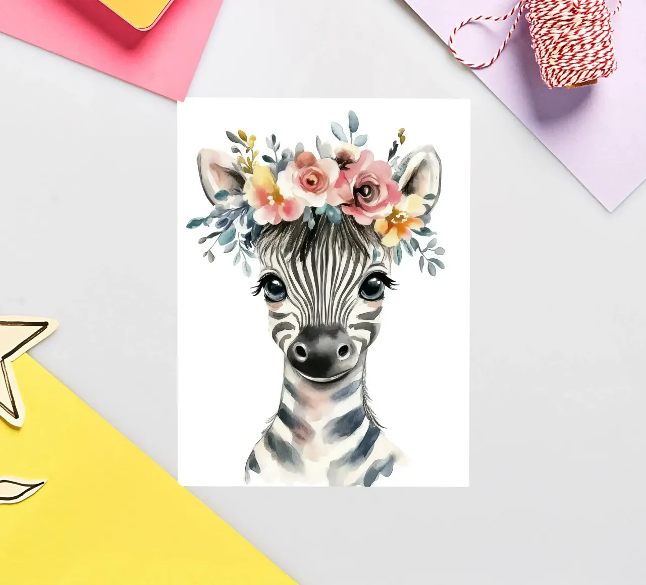 Simpatica zebra con corona floreale adesivo da Damion Francis