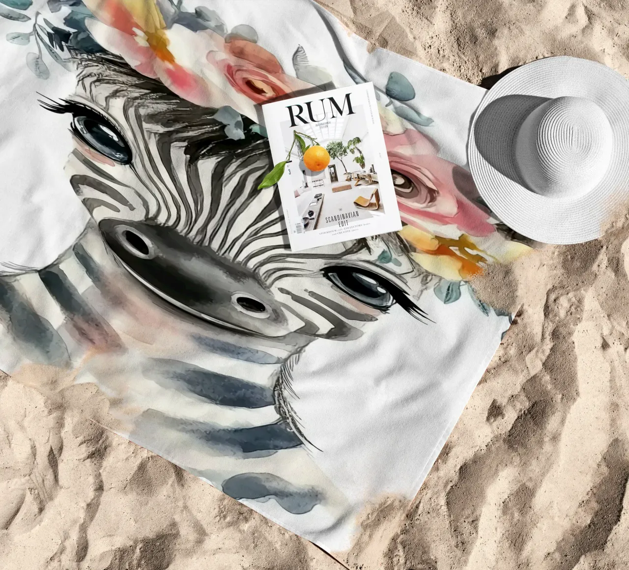 Simpatica zebra con corona floreale telo mare da Damion Francis