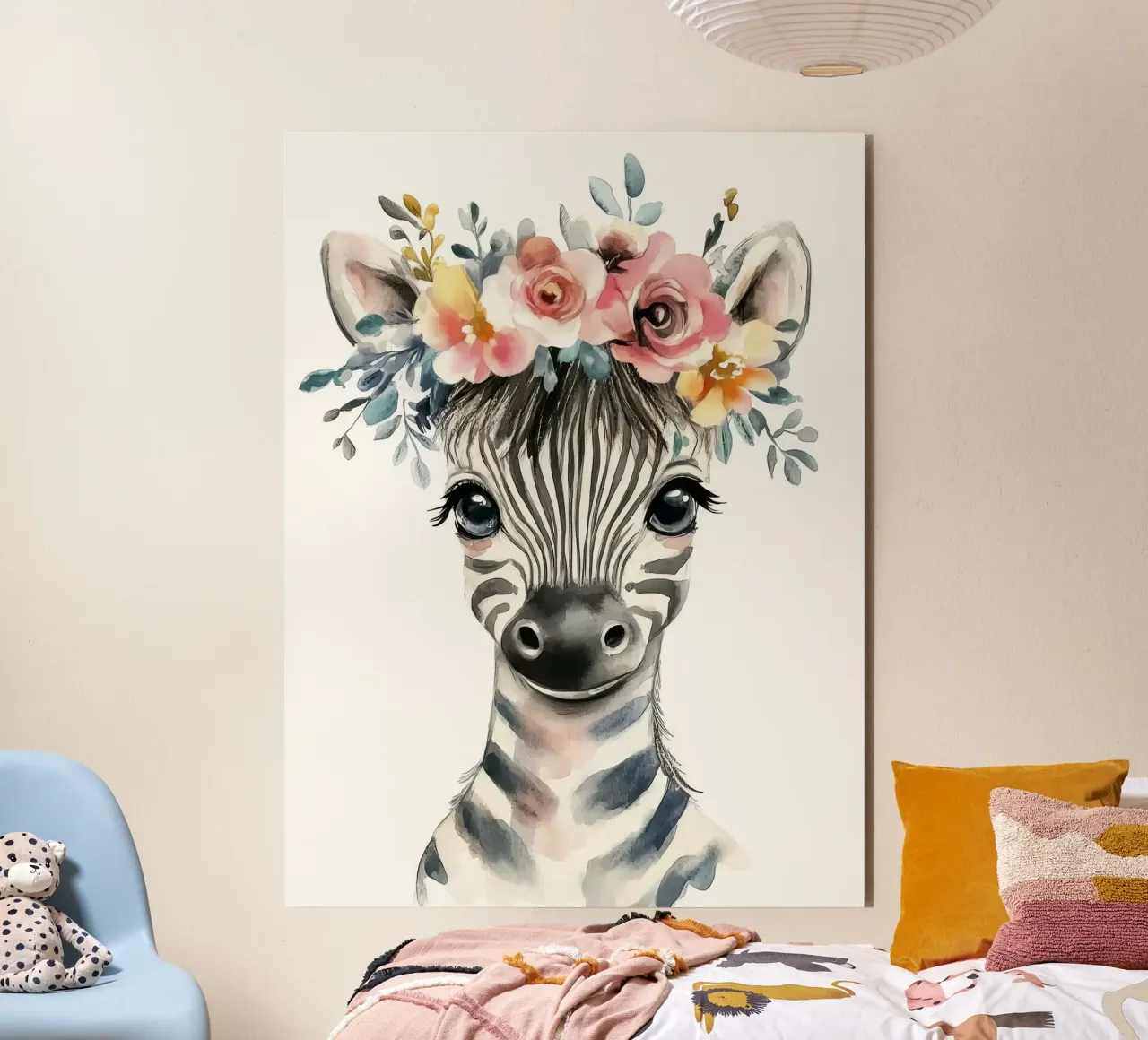 Simpatica zebra con corona floreale alluminio dibond da Damion Francis