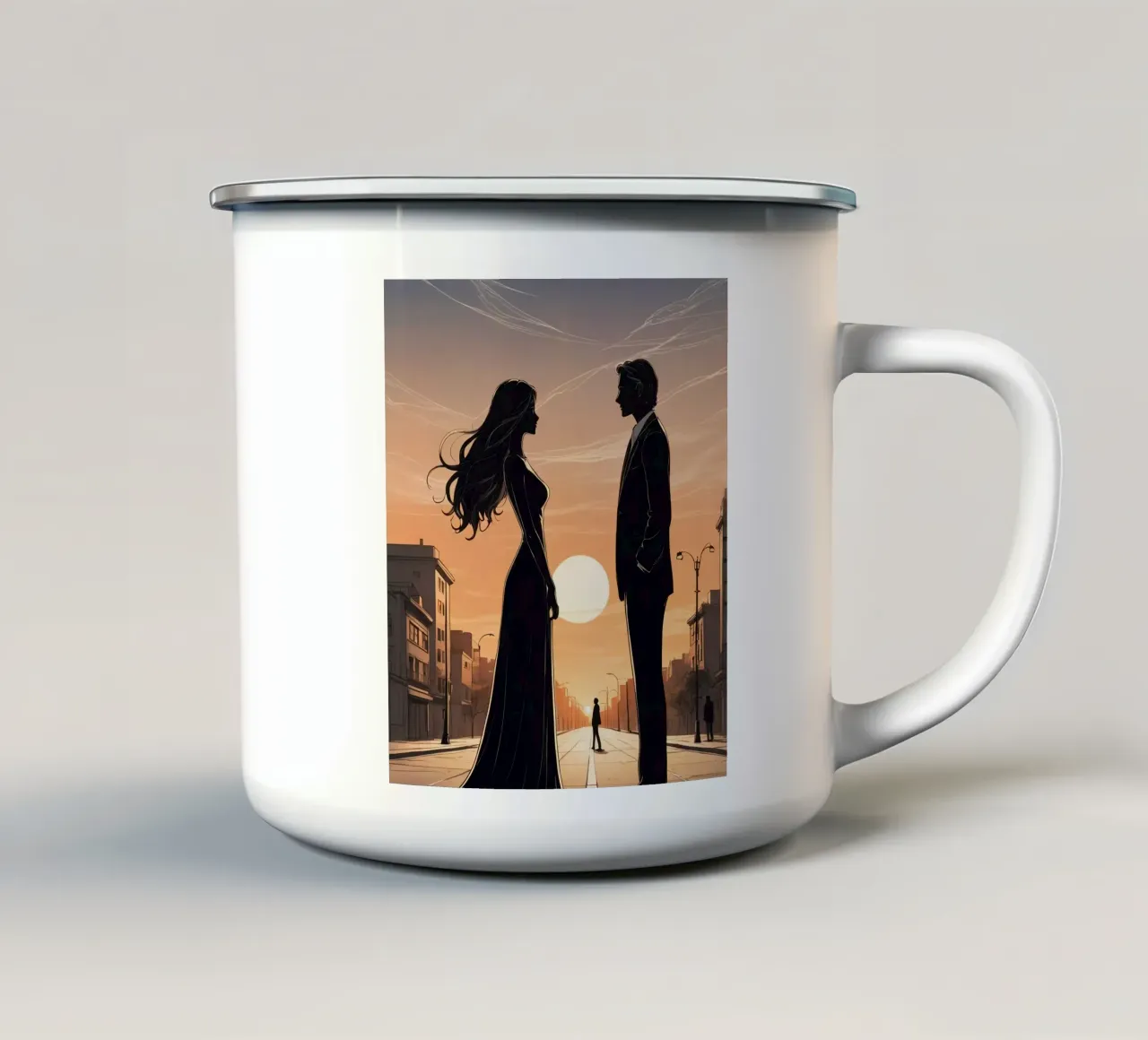Coppia in strada al tramonto tazza in smalto da DesignDoodle