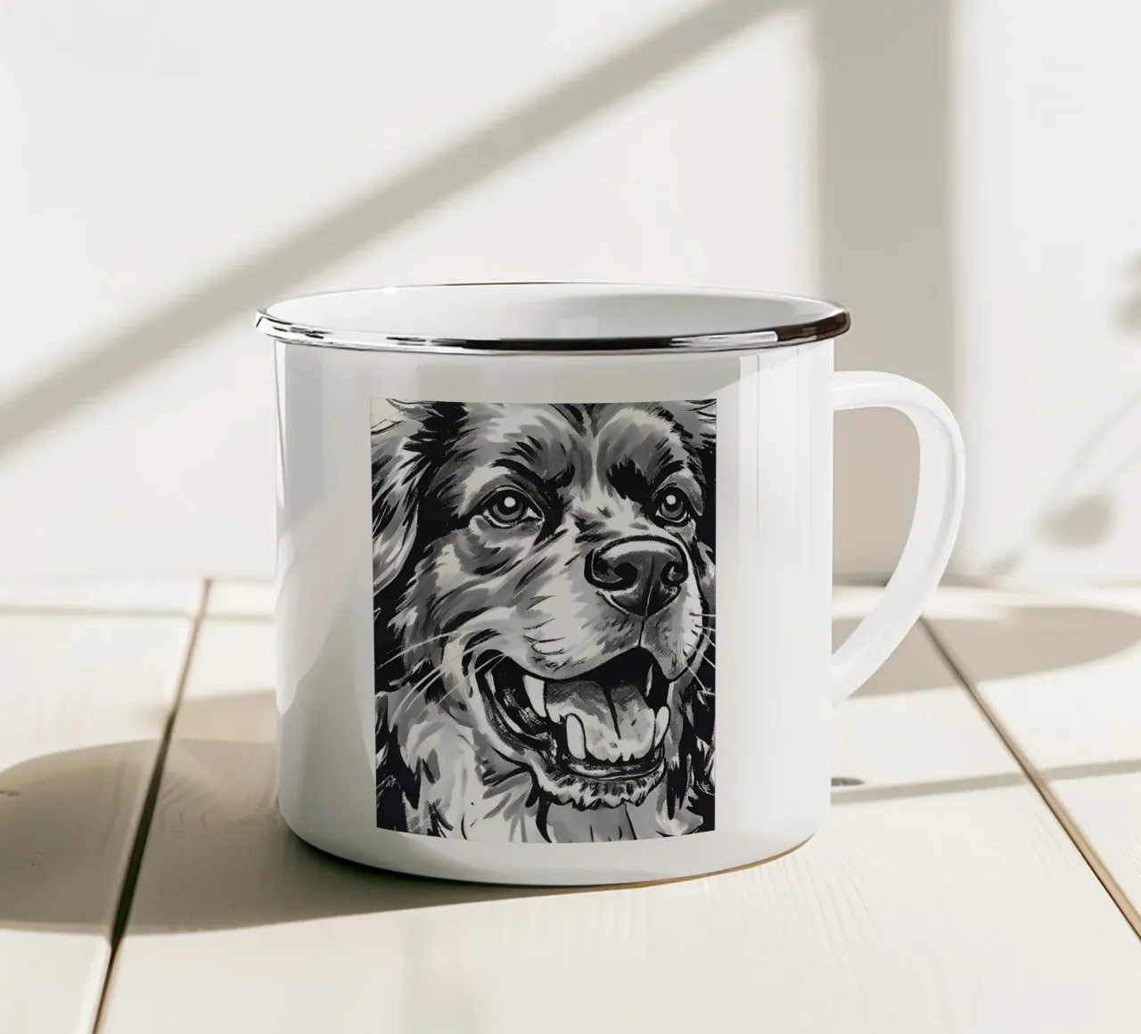 Ritratto di cane in bianco e nero tazza in smalto da Damion Francis