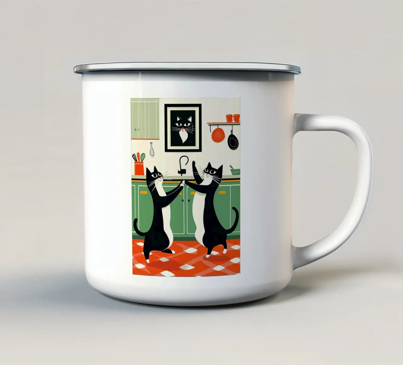 Gatti ballerini in cucina tazza in smalto da Damion Francis