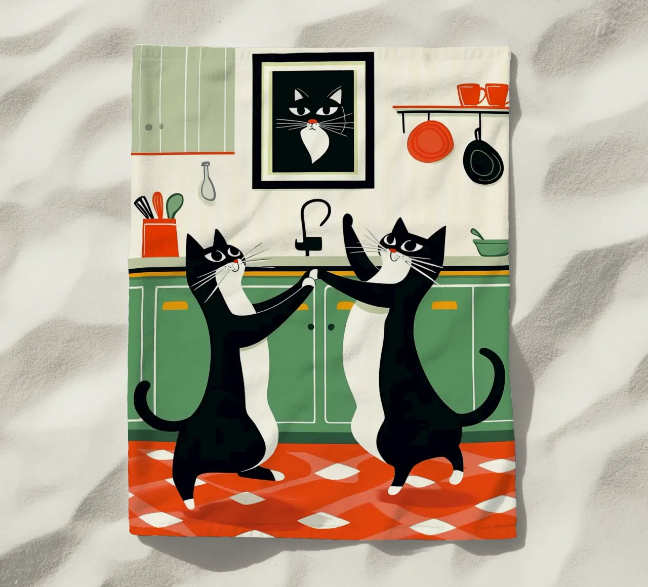 Gatti ballerini in cucina telo mare da Damion Francis