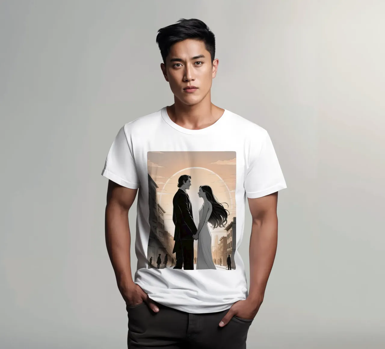 Coppia che si tiene per mano in una strada cittadina con sole ed edifici t-shirt da DesignDoodle