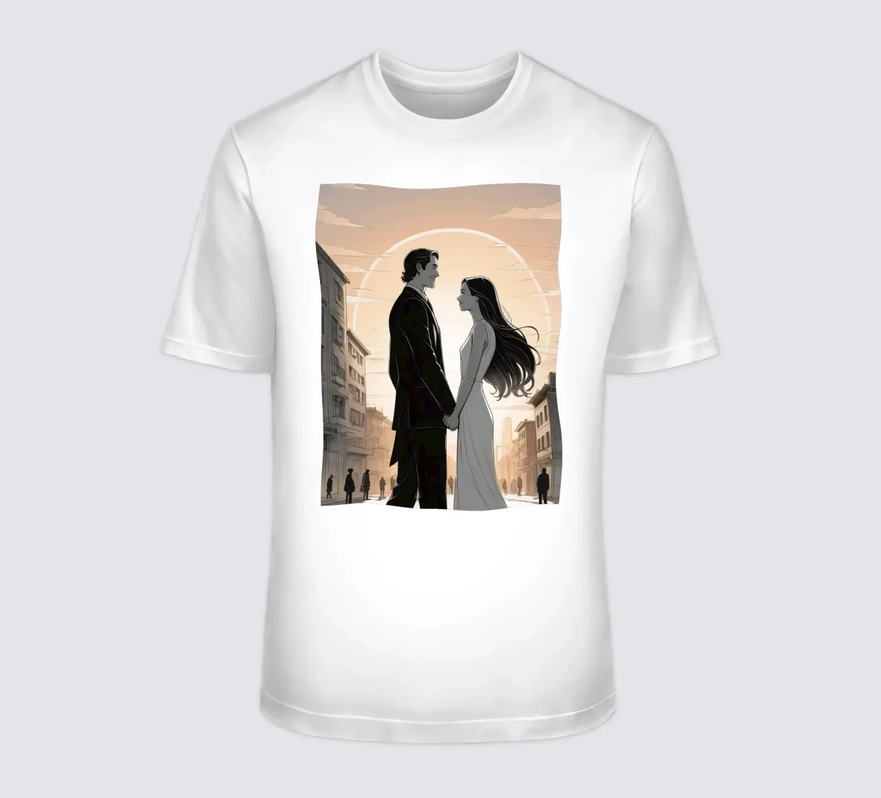 Coppia che si tiene per mano in una strada cittadina con sole ed edifici t-shirt da DesignDoodle