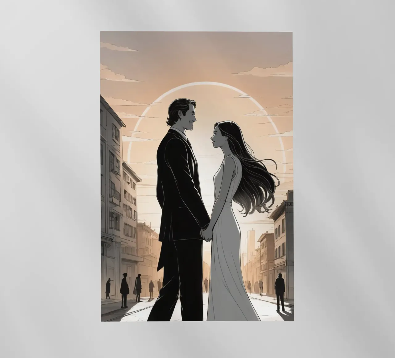 Coppia che si tiene per mano in una strada cittadina con sole ed edifici pellicola backlit da DesignDoodle
