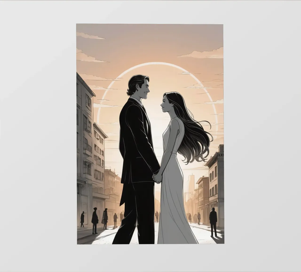 Coppia che si tiene per mano in una strada cittadina con sole ed edifici pellicola backlit da DesignDoodle