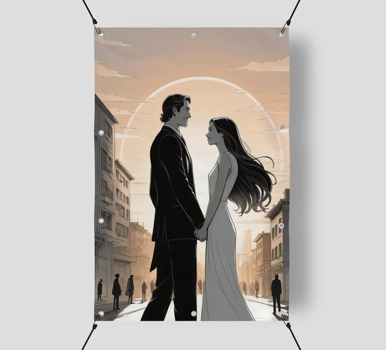 Coppia che si tiene per mano in una strada cittadina con sole ed edifici telo in pvc da DesignDoodle