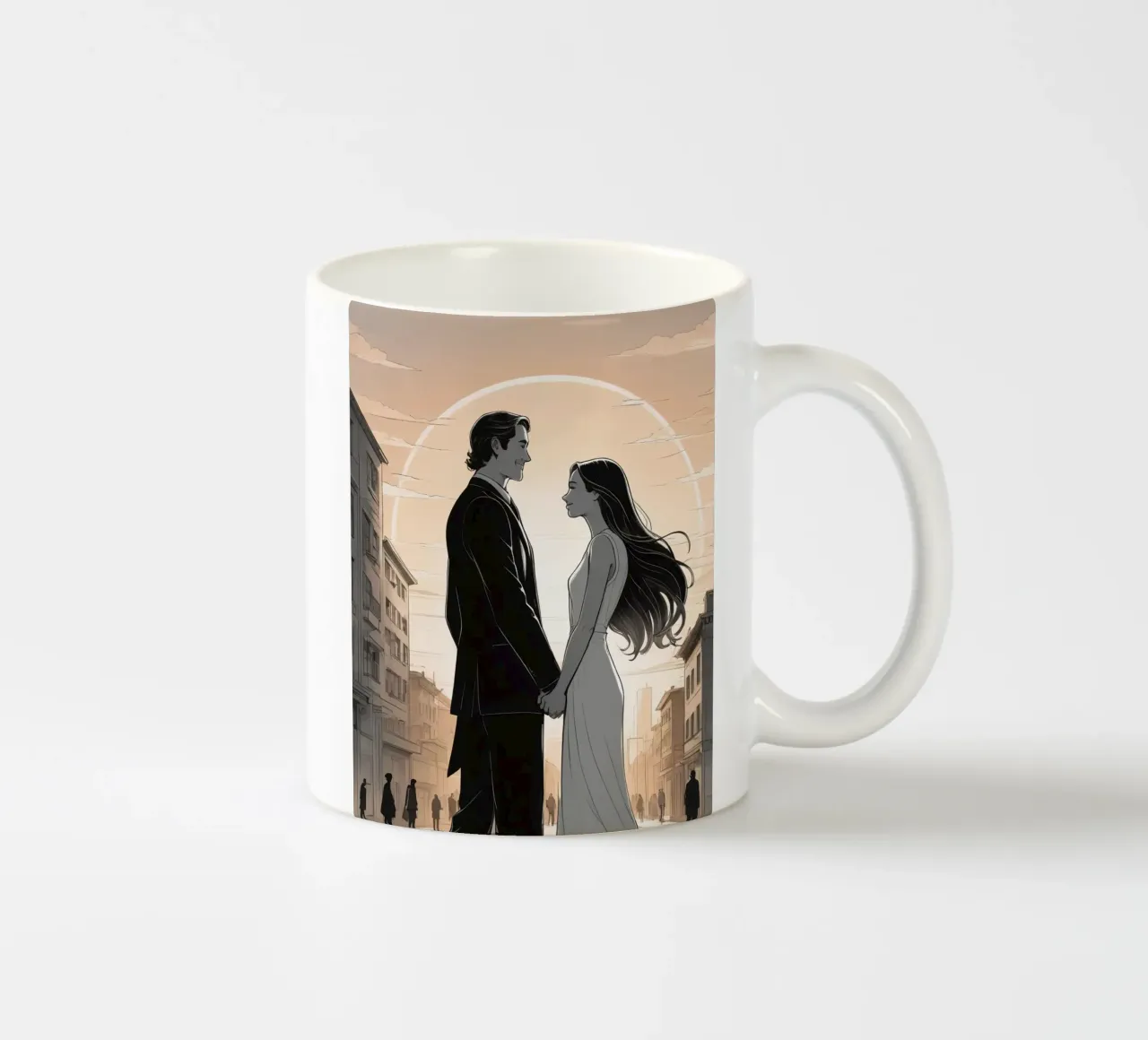 Coppia che si tiene per mano in una strada cittadina con sole ed edifici tazza in ceramica da DesignDoodle
