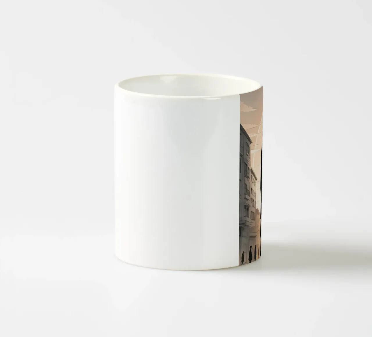 Coppia che si tiene per mano in una strada cittadina con sole ed edifici tazza in ceramica da DesignDoodle